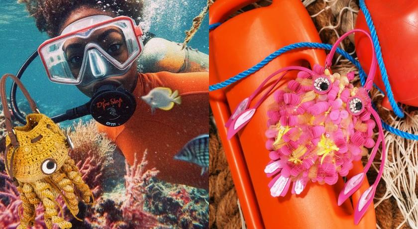 Anya Hindmarch（左起）Raffia草編章魚包款，售價NT$25,580元；串珠與亮片拼接包，售價NT$50,580元。