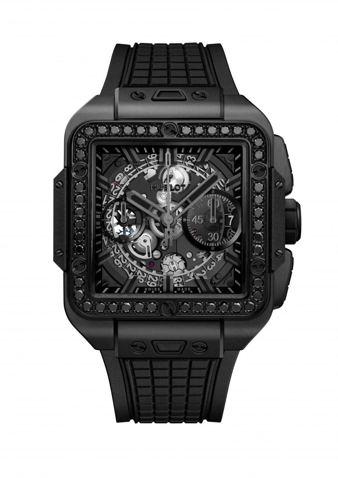 HUBLOT Square Bang Unico極致黑計時鑽錶。台北101獨家，44顆黑鑽，1.9克拉，唯一飛返技術碼錶黑鑽潮流豪華版。