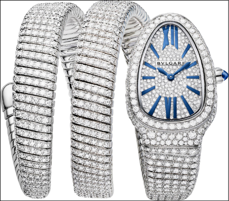 Serpenti Infiniti白K金鑲鑽雙圈珠寶腕錶，搭載石英機芯，錶徑35mm。