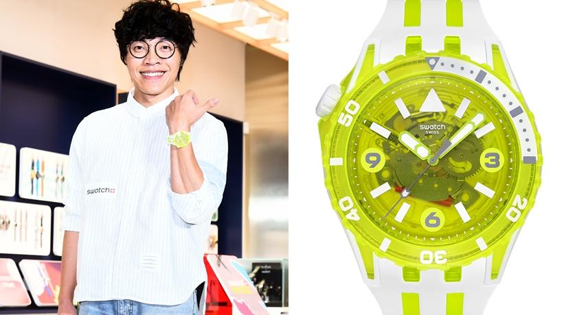 盧廣仲佩戴SCUBAQUA潛水錶，4,850元。(記者陳奕全攝、Swatch提供)