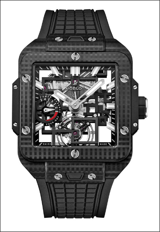 Hublot Square Bang陀飛輪四日動力儲存腕錶，搭載MHUB6023自製手動上鍊動力儲存鏤空陀飛輪機芯，尺寸42mm，防水深度300米，3,226,000元。