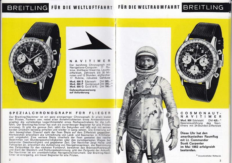 1960-70年代的Navitimer計時腕錶（左）、與Cosmonaute 24小時制計時腕錶廣告稿。（Breitling提供）