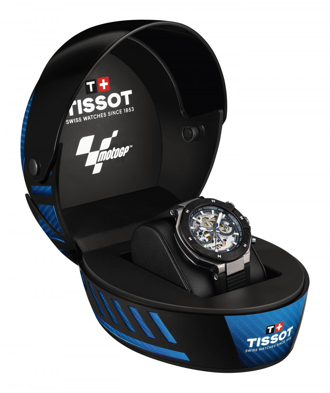 TISSOT MotoGP鏤空自動上鍊計時腕錶限量版，每一只腕錶皆附贈特殊安全帽造型錶盒，全球限量2,025套，66,900元。(TISSOT提供，以下同)