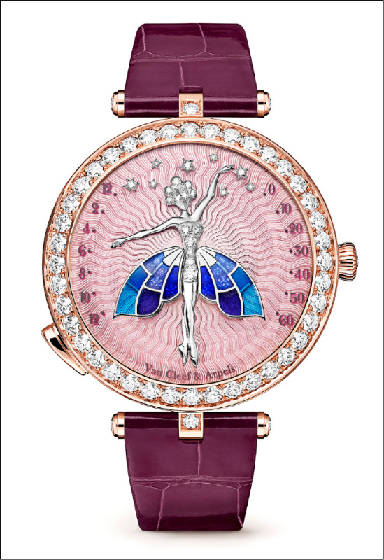 細膩表現芭蕾舞伶身軀和舞衣的Lady Arpels Ballerine Enchantée Or Rose腕錶，無一不是精緻細節，18K玫瑰金鑲嵌鑽石，4,680,000元。