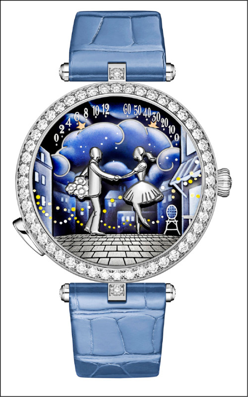 梵克雅寶Lady Arpels Bal des Amoureux Automate腕錶，結合雙逆跳、金雕、寶石鑲嵌、琺瑯彩繪等工藝，重現浪漫約會場景，5,200,000元。