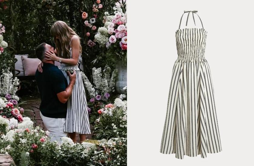 泰勒絲身穿來自Polo Ralph Lauren的條紋真絲混紡連身裙，未婚夫也是同品牌上衣。
