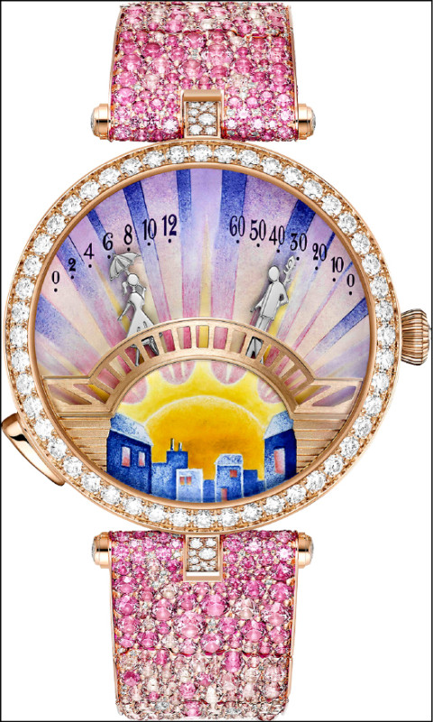 Van Cleef & Arpels Pont des Amoureux系列腕錶（黎明場景），搭載雙逆跳自動上鍊機芯，18K玫瑰金鑲鑽錶殼，價格店洽。