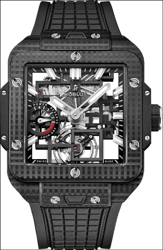 Hublot Square Bang陀飛輪四日動力儲存腕錶，搭載自製MHUB6023手動上鍊鏤空機芯，3D碳纖維錶殼，3,226,000元。