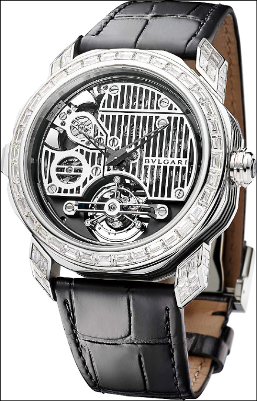 BVLGARI Octo Roma Carillon Tourbillon鐘樂報時陀飛輪腕錶，搭載BVL 428鐘樂報時機芯，鈦金屬錶殼，全球限量8只，每只約15,113,000元。