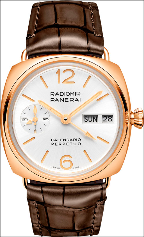 PANERAI Radiomir萬年曆兩地時間紅金腕錶，搭載P.4100自動上鍊機芯，沛納海Goldtech™紅金錶殼，價格店洽。