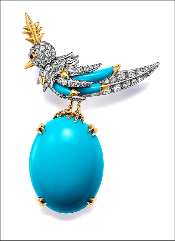 全新Bird on a Rock by Tiffany石上鳥頂級珠寶系列胸針，綠松石主石約24克拉，價格店洽。