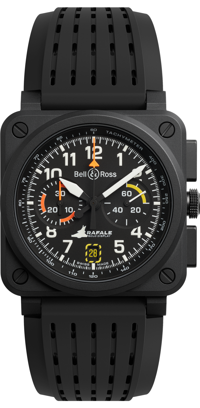 搭載Calibre BR-CAL.301自動上鏈機械機芯，微噴黑色陶瓷錶殼，時間顯示、日期窗、計時功能，尺寸42mm，防水深度100米，209,000元，全球限量500只，此版為黑色鏤空橡膠錶帶。（Bell & Ross提供）