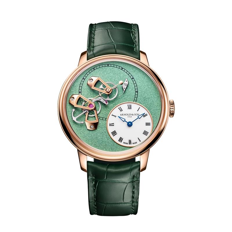 Arnold & Son DSTB 42腕錶（薄荷綠），搭載A&S6203自動上鏈機械機芯，950鉑金錶殼，時、分、跳秒顯示，錶徑42mm，防水深度30米，約1,644,000元，全球限量18只。（SHH提供）