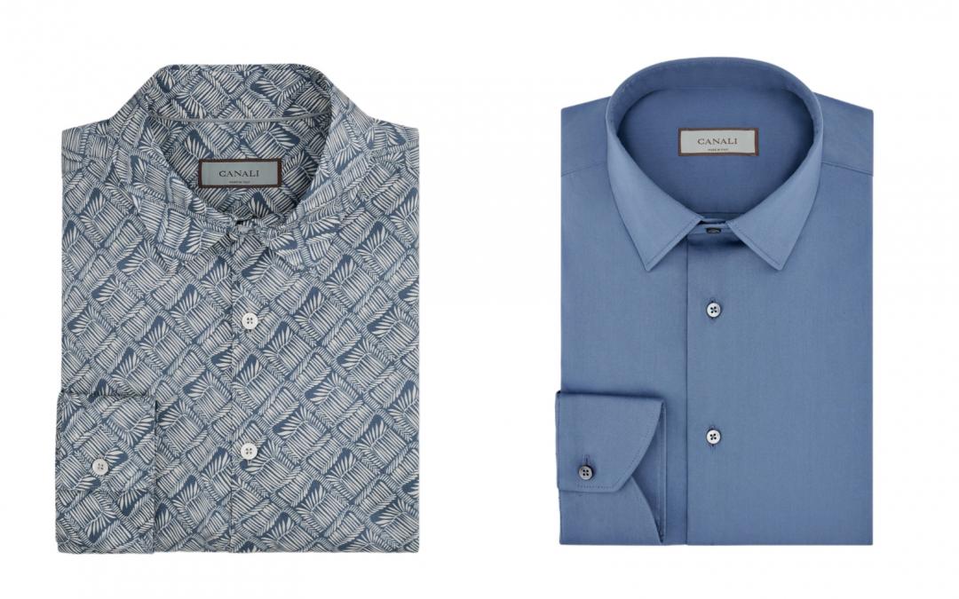 （左起）藍色植物圖騰棉質襯衫（NT$16,800）；靛藍色彈力修身襯衫（NT$12,800）。