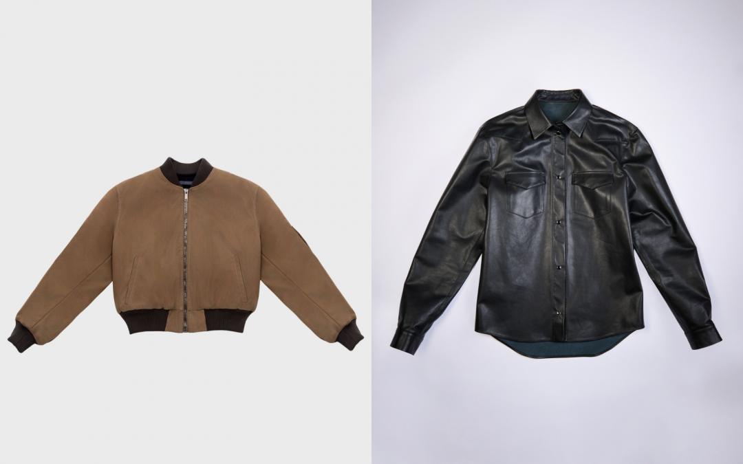 （左起）鋪棉飛行夾克，售價NT$39,500元；牛皮襯衫，售價NT$67,500元。