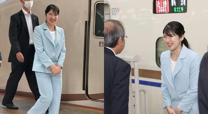 愛子公主首度造訪新潟。身穿淡藍色褲裝套裝，梳起整齊的盤髮，顯得端莊大方。