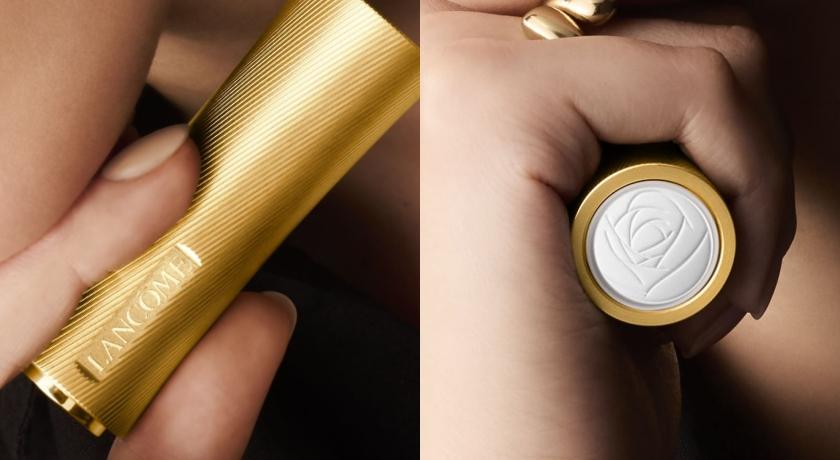 絕對完美奢金訂製唇膏外殼是奢華金色，表面飾有流線型刻紋，外殼頂部有Agora玫瑰圖騰。