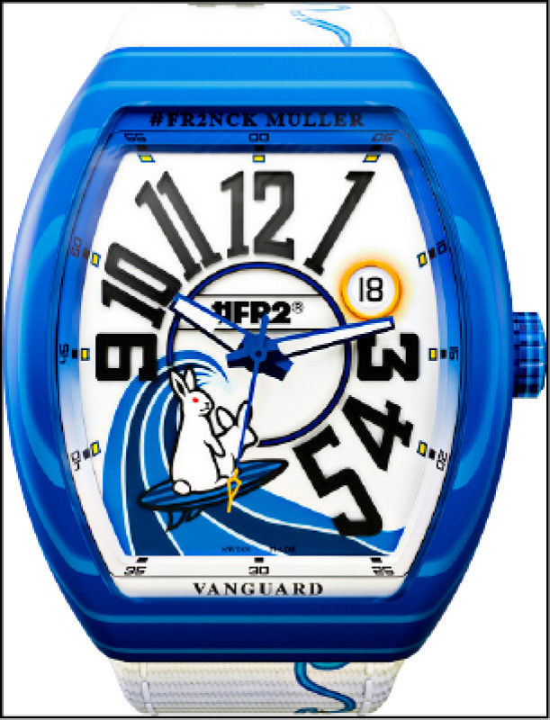 #FR2NCK MULLER Vanguard Beach衝浪藍款，錶盤上的圖案增添讀時趣味。