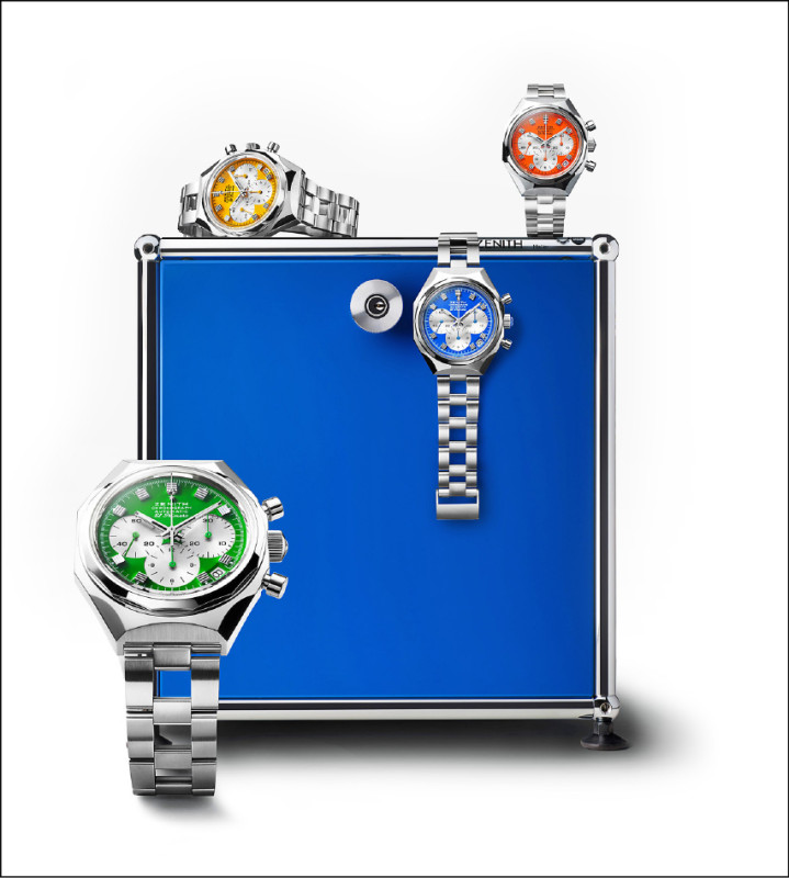 真力時DEFY Chronograph USM計時腕錶推出四種顏色，靈感來自USM家具設計的既定色票，USM也為聯名系列打造專屬錶櫃，增添收藏價值。