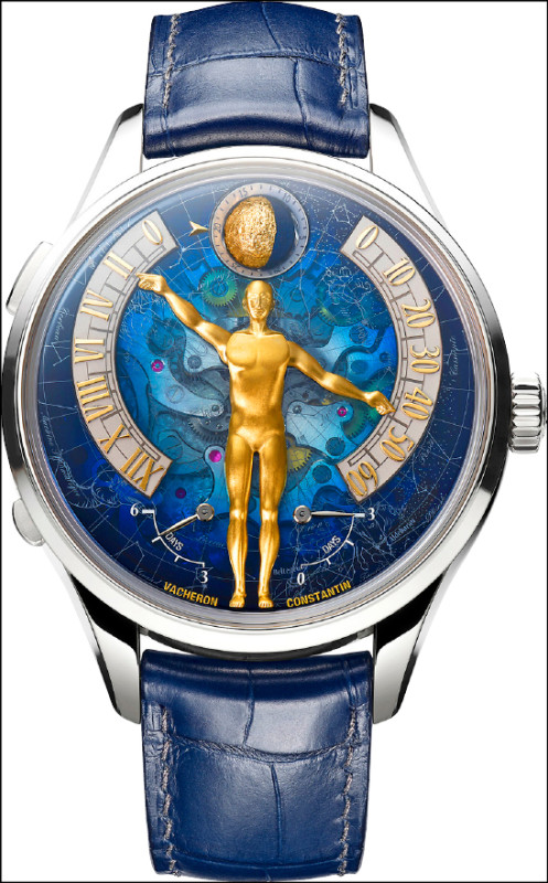 Métiers d'Art藝術大師系列Tribute to the Quest of Time腕錶，人偶雙臂分別顯示江詩丹頓最經典的逆跳功能，全球限量20只，價格店洽。