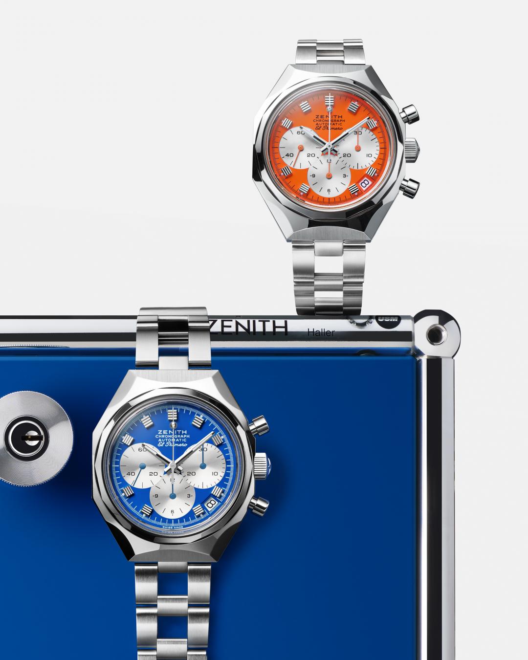 ZENITH DEFY Chronograph USM計時腕錶（龍膽藍色與純橙色），搭載El Primero導柱輪自動計時機芯，精鋼錶殼，時間顯示、日期窗、計時功能，錶徑37mm，防水深度100米，396,700元，每色各限量60只。