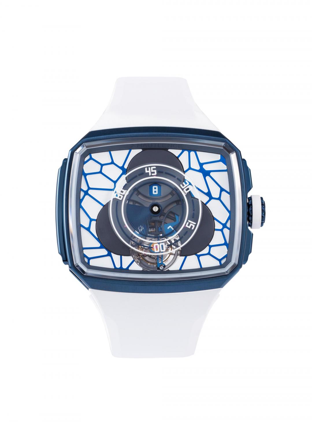 HAUTLENCE Vagabonde Tourbillon Series 5腕錶，搭載D30自動上鍊機械機芯，緞面磨砂和拋光不鏽鋼覆以午夜藍色PVD塗層錶殼，時間顯示、飛行陀飛輪，尺寸43.0×50.8mm，防水深度100米，2,390,000元，全球限量28只。