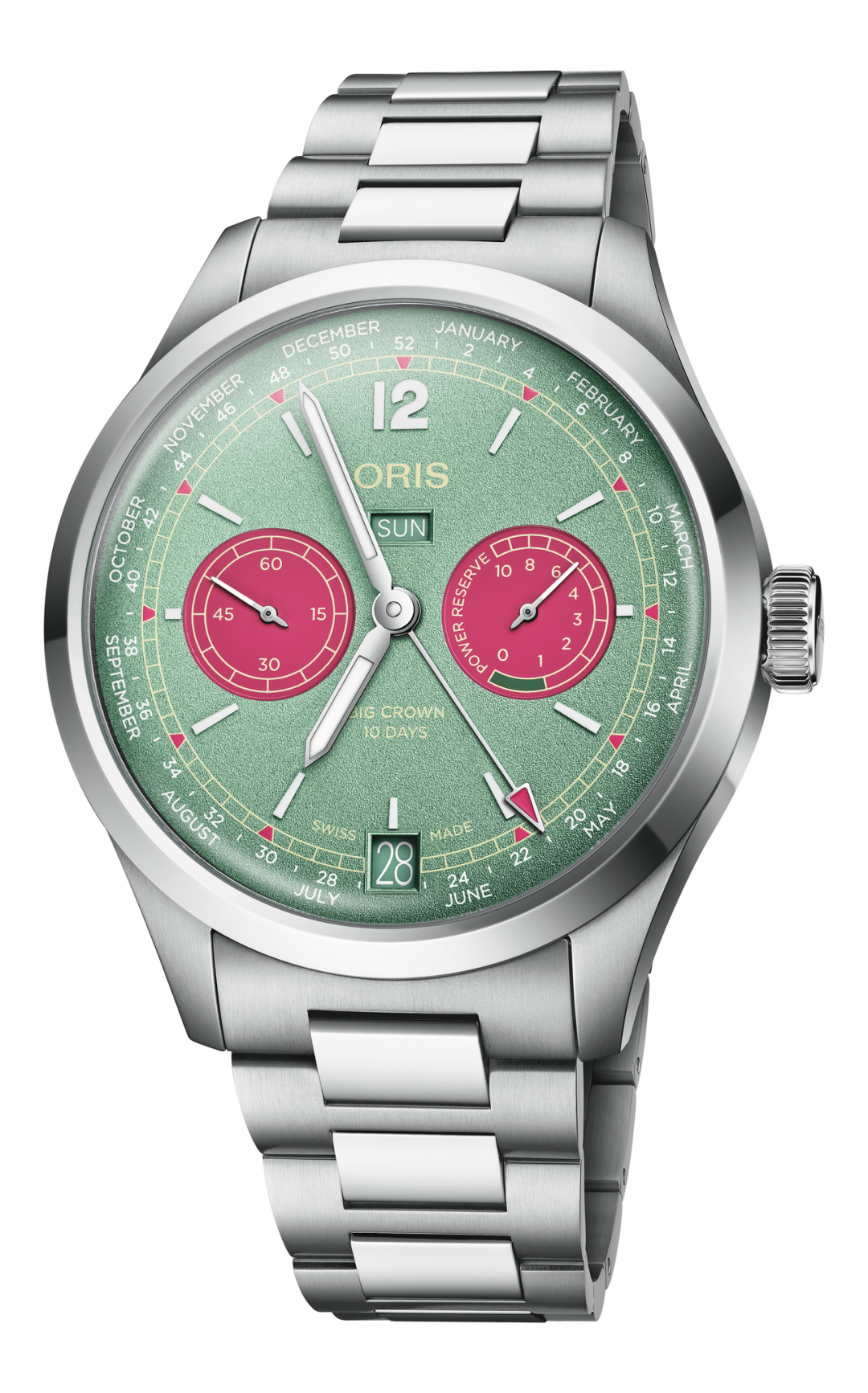 Oris Big Crown Calibre 113腕錶，搭載Oris Calibre 113手動上鍊機芯，不鏽鋼錶殼，時間顯示、日期星期窗、商務日曆，錶徑43mm，防水深度50米，228,000元。