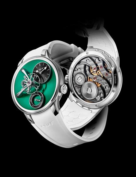 MB&F LM101 EVO腕錶（綠色），搭載MB&F自製研發3D立體機芯，鈦金屬錶殼，時間顯示，錶徑40mm，防水深度80米，價格店洽。