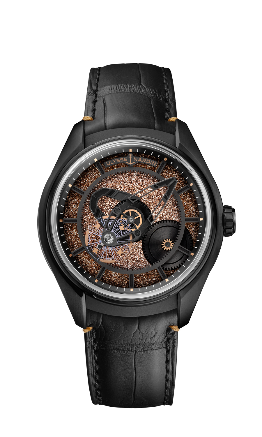 Ulysse Nardin Freak×奇想系列腕錶釕晶款，搭載品牌自製UN-230自動上鍊機芯，黑色DLC鍍層鈦金屬錶殼，時間顯示、飛行卡羅素，錶徑43mm，防水深度50米，1,284,000元。