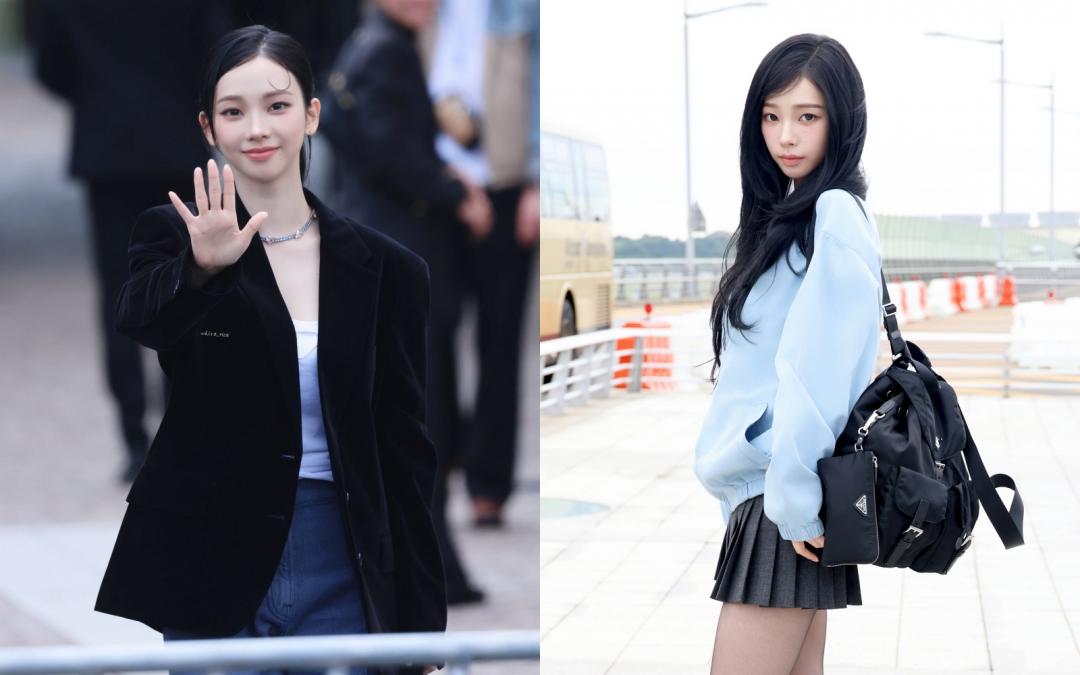 Karina現身秀場時以幹練風格現身，與機場時尚的學姐風差很大。