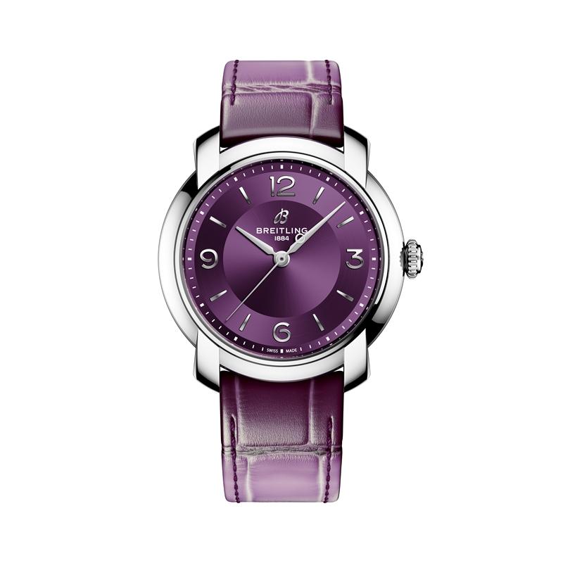 百年靈Lady Premier Automatic 36自動腕錶，紫灰錶盤搭配紫灰鱷魚皮革錶帶，154,000元。（Breitling提供）