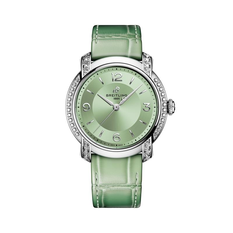 百年靈Lady Premier Automatic 36自動鑽錶，灰綠錶盤搭配灰綠鱷魚皮革錶帶，260,000元。（Breitling提供）