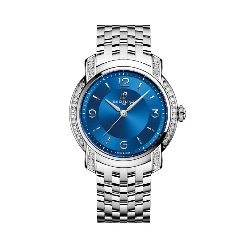 百年靈Lady Premier 32石英鑽錶，墨藍錶盤搭配精鋼錶鍊，214,000元。（Breitling提供）