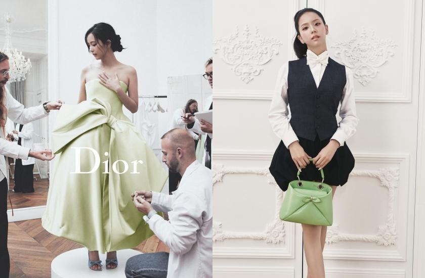 Jisoo並非選擇前一天定妝的綠色蝴蝶結禮服，而是換上俏麗款。（翻攝自dior ig）