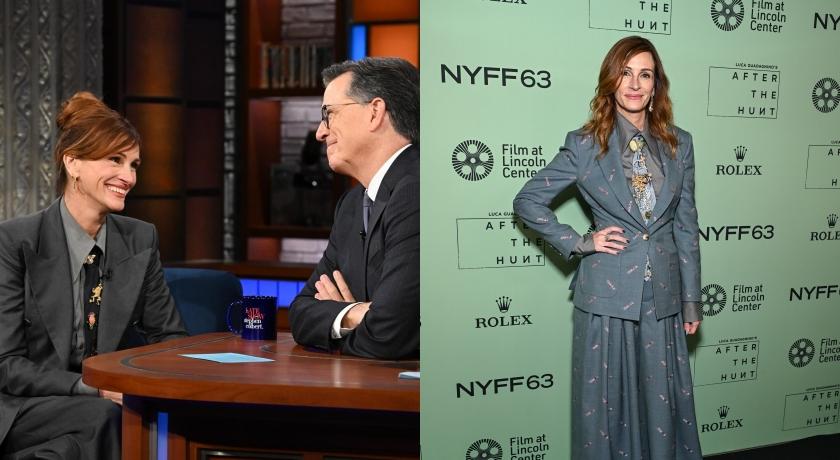 茱莉亞羅勃茲最近帶著新劇勤跑宣傳，多次以西裝造型現身。（翻攝自juliaroberts ig、美聯社）