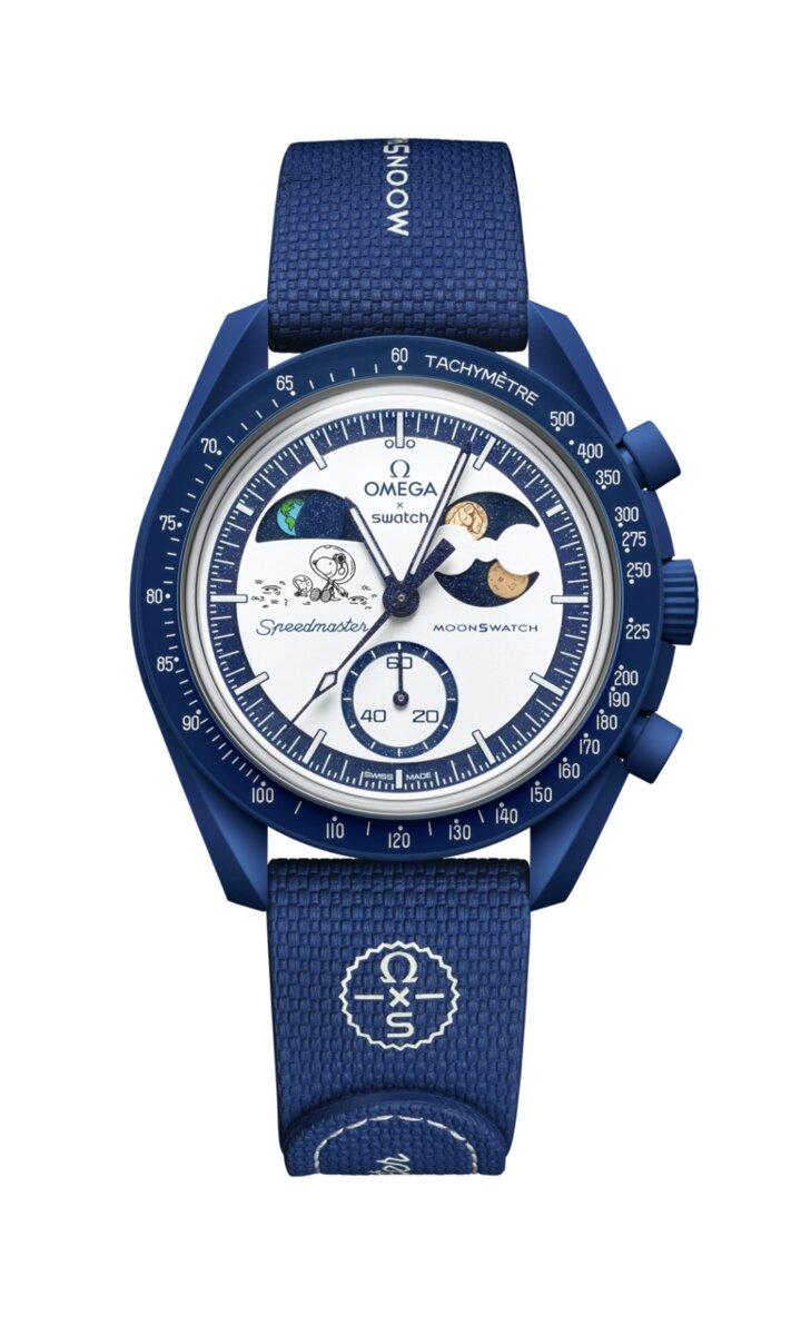SWATCH x OMEGA推出全新MISSION TO EARTHPHASE–MOONSHINE GOLD腕錶，於10月7日獵人月的滿月至10月21日新月期間於台灣7間SWATCH門市販售，每人限購一只，12,150元。（SWATCH提供，以下同）