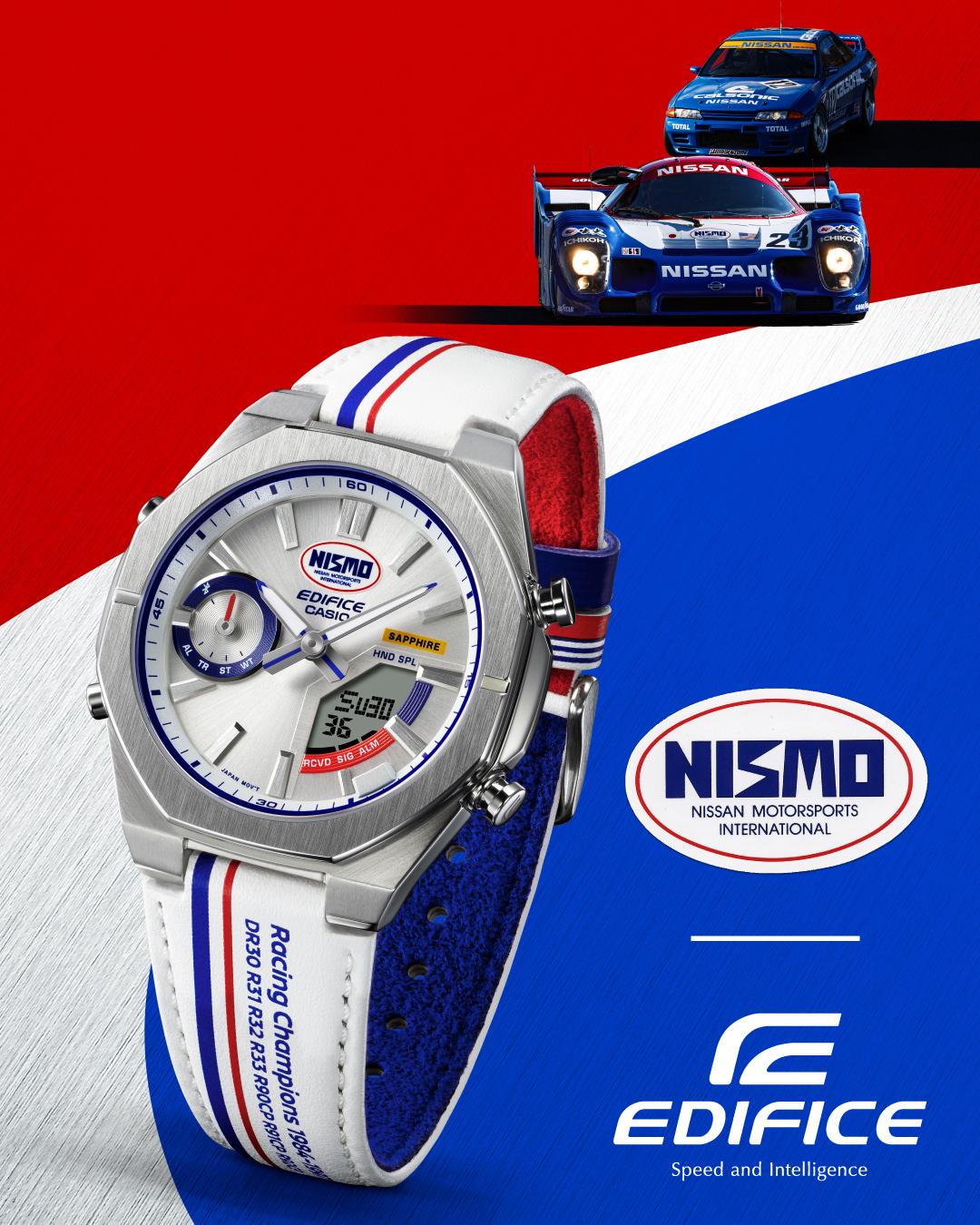 CASIO EDIFICE與日本Nissan以及旗下賽車車隊NISMO三方聯手，打造全新聯名腕錶ECB-S10NIS-7A，10,500元。(CASIO提供，以下同)