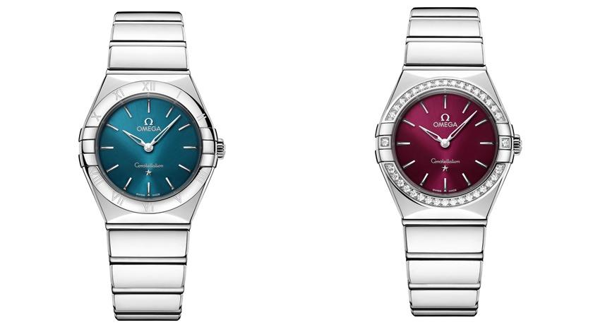 OMEGA星座系列腕錶28毫米，（左）孔雀藍款102,000元，（右）勃根地紅款200,000元。