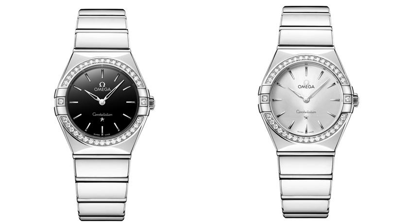 OMEGA星座系列腕錶28毫米，（左）黑色鑲鑽款200,000元，（右）銀色款鑲鑽款200,000元。