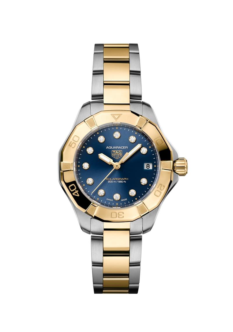 黃河佩戴：TAG Heuer Aquaracer Professional 200 Solargraph太陽能腕錶黃金雙色鍊帶款，141,300元。（TAG Heuer提供）