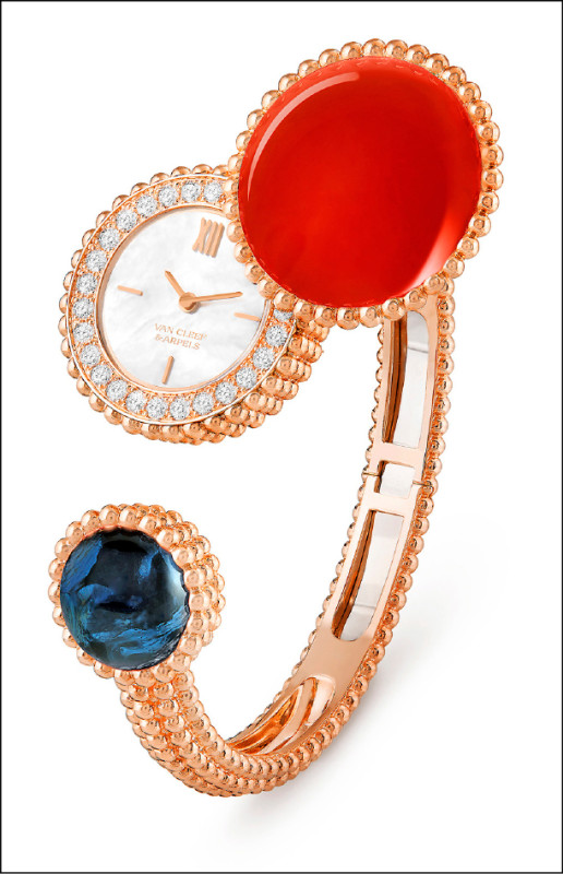 梵克雅寶Perlée Toi & Moi Secret腕錶，18K玫瑰金鑲嵌彼得石、珍珠母貝、紅玉髓、鑽石，1,160,000元。