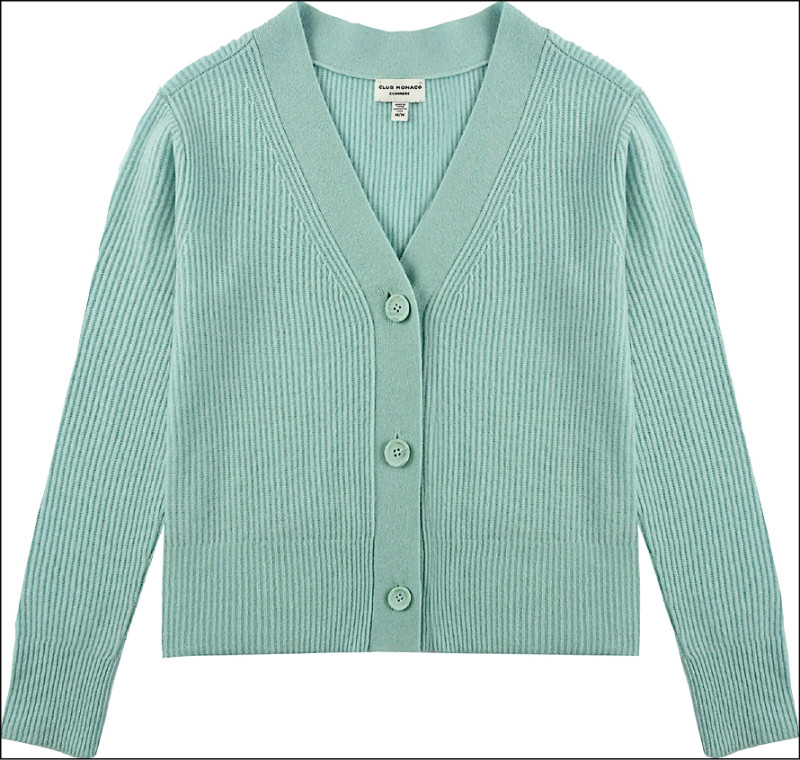 薄荷綠喀什米爾羊毛直條針織開襟衫女裝,亞洲限定款,13,900元。