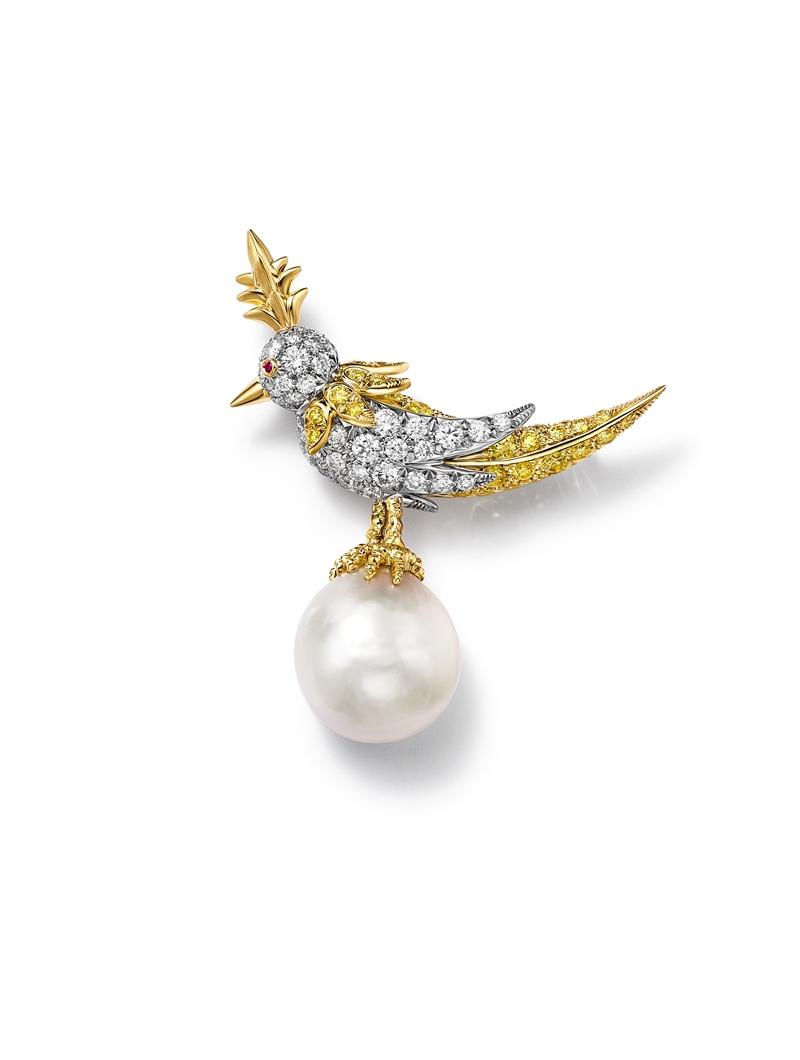Jean Schlumberger by Tiffany 高級珠寶系列 Bird on a Pearl「珍珠石上鳥」靈鳥棲珠篇章胸針。(Tiffany & Co.提供)