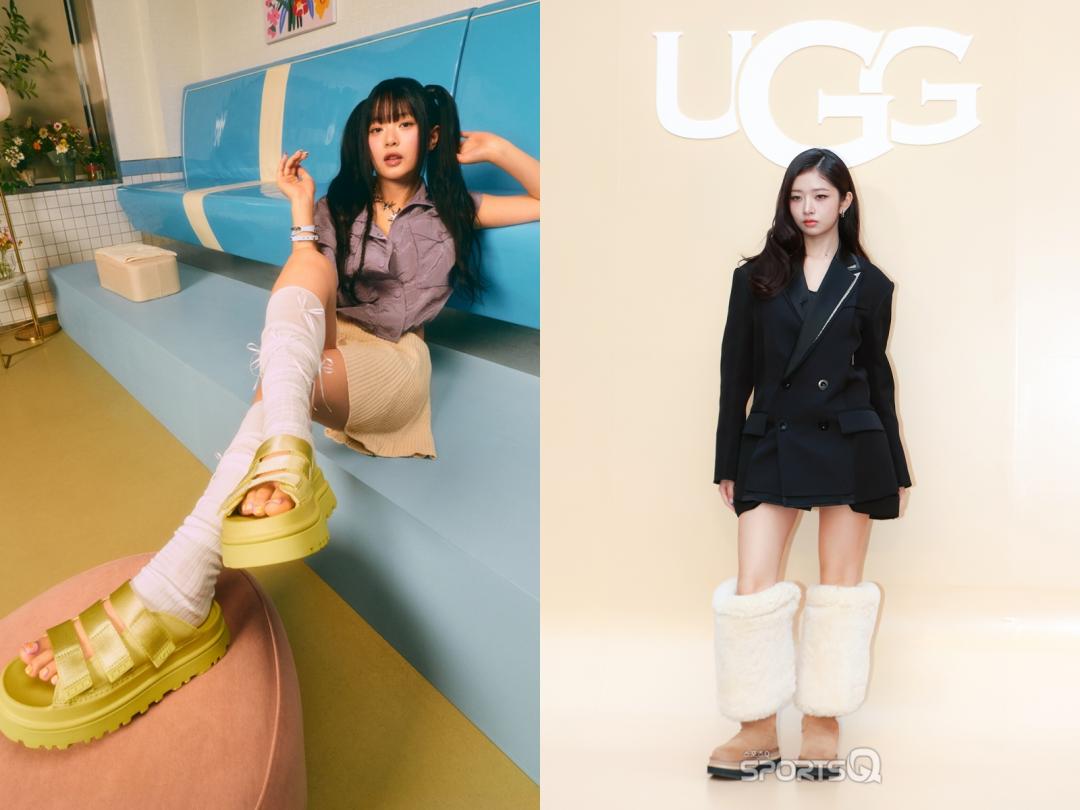 （左）NewJeans Hanni去年接下UGG全球品牌大使，但如今被默默消失。（右）今年UGG秋冬檔期，IVE日籍成員Rei上位成為新寵。