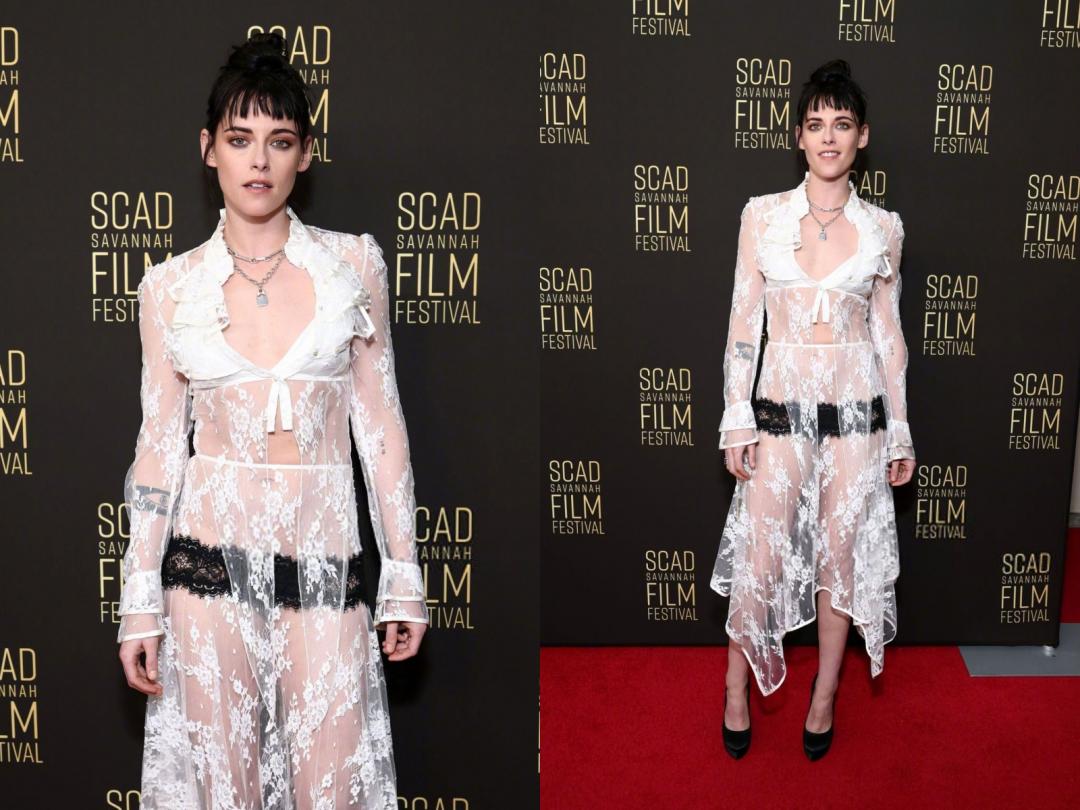 克莉絲汀史都華出席紅毯時，穿的是Rodarte透視蕾絲造型，成功駕馭大尺度與怪奇比例的設計。