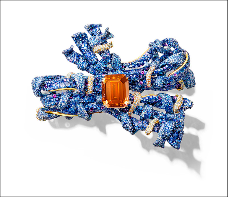 CINDY CHAO 2025 Black Label Masterpiece V大師系列編織緞帶胸針，深彩橘棕鑽、白鑽、藍寶石、紫色藍寶石、紫色石榴石。