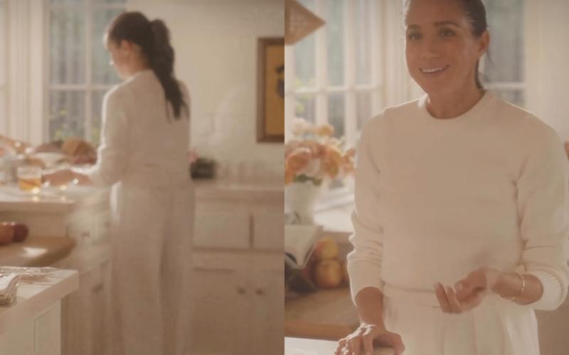 即便食譜步驟被質疑，但梅根的全白居家造型依舊掀起好評。（翻攝自instagram）