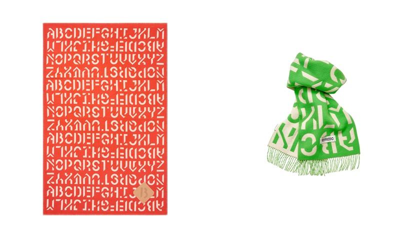 BYREDO台北信義A11期間限定店獨家販售，(左)BYREDO字母抱毯-藍/綠/石榴紅，18,700元；(右)BYREDO字母圍巾(綠)8,400元。 