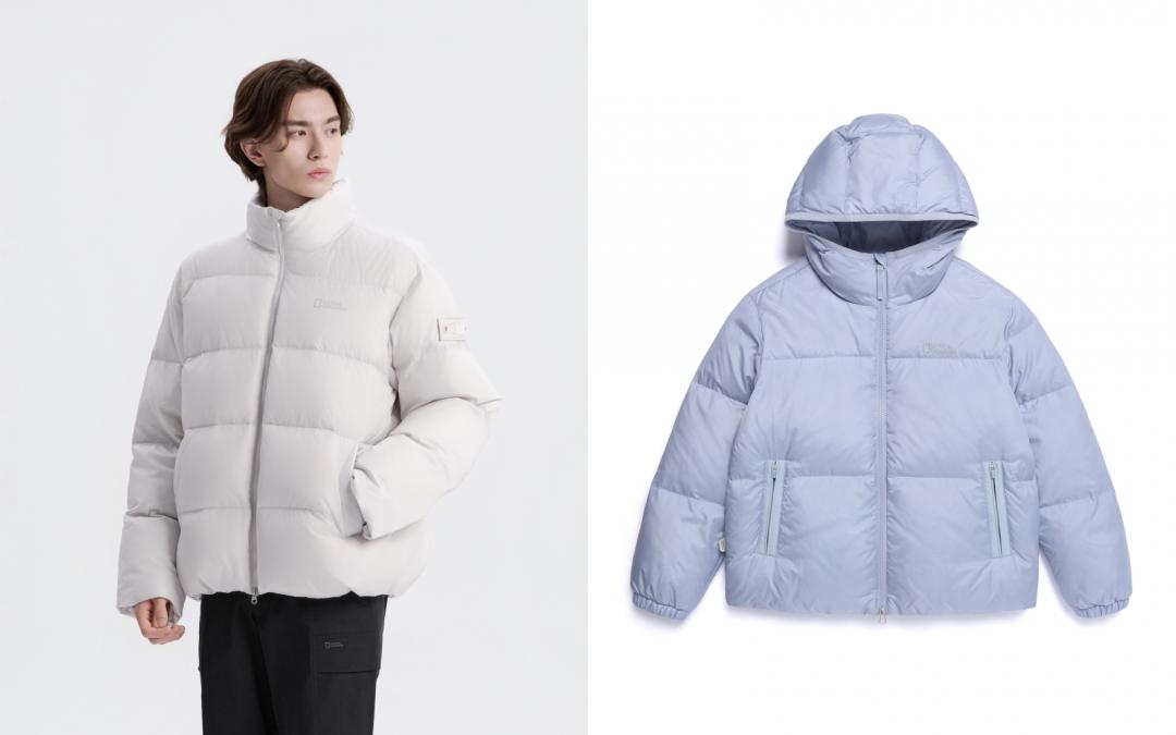 EIRA羽絨系列（RDS鵝絨80：20）使用NASA美國太空總署Trizar儲熱內襯，實現高效保暖與卓越耐用性，僅520g。（左起）男女同款EIRA立領短版羽絨外套（NT$9,480）；女裝EIRA連帽羽絨外套（NT$10,380）。 