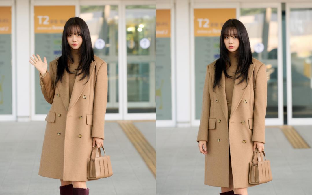機場時尚造型，惠利選穿Max Mara最經典的駝色單品。